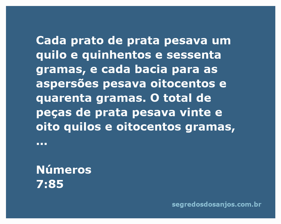 Imagem representativa da passagem bíblica Números 7:85, mostrando pratos e bacias de prata com seus respectivos pesos.
