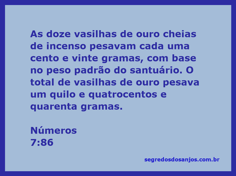 Imagem das doze vasilhas de ouro cheias de incenso descritas em Números 7:86, cada uma pesando 120 gramas.