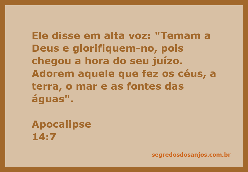 Versículo de Apocalipse 14:7 em uma bela ilustração de adoração a Deus, com elementos que representam os céus, a terra, o mar e as fontes de água.