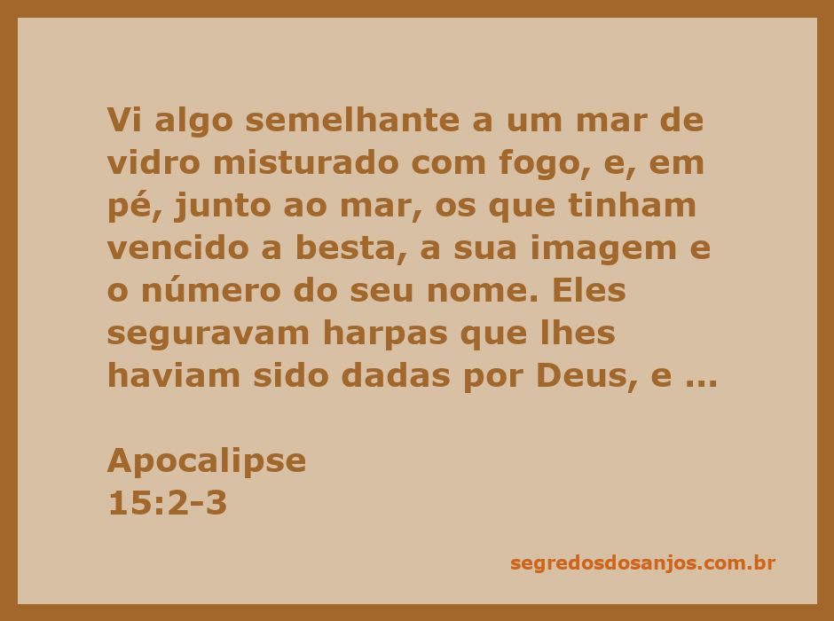 Visão celestial de um mar de vidro misturado com fogo, com vitoriosos segurando harpas e cantando cânticos a Deus.