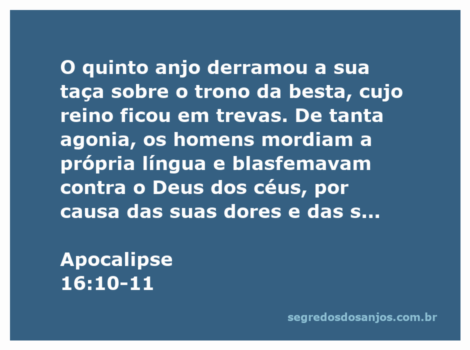 Representação do quinto anjo derramando a taça sobre o trono da besta, simbolizando trevas e agonia.