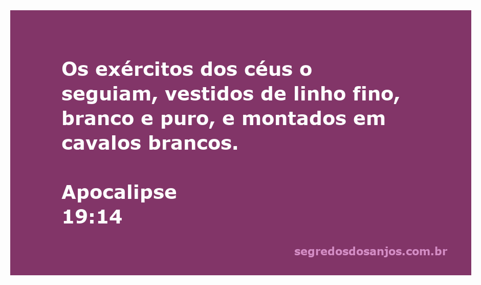 Exércitos celestiais em cavalos brancos, vestidos de linho fino, branco e puro, seguindo a figura central em uma cena majestosa.