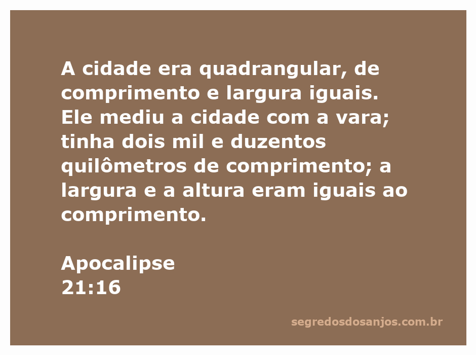 Representação da cidade quadrangular mencionada em Apocalipse 21:16, destacando suas dimensões de 2.200 km de comprimento, largura e altura iguais.