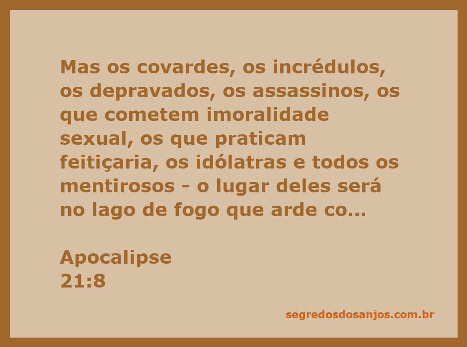 Ilustração do versículo Apocalipse 21:8, destacando a advertência sobre os destinos dos ímpios.