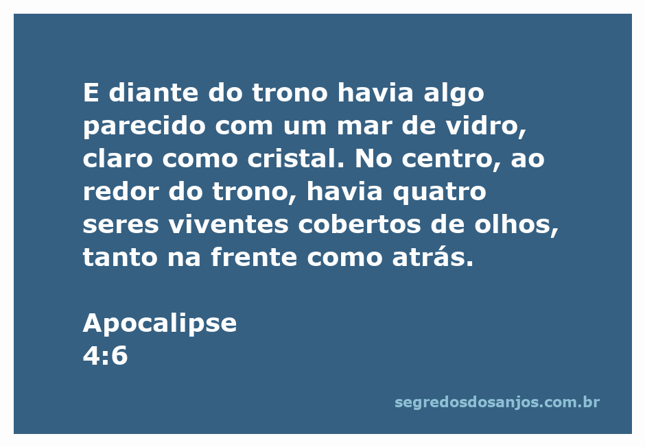 Visão do trono de Deus com um mar de vidro e quatro seres viventes cobertos de olhos.
