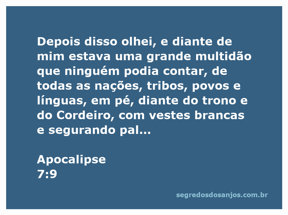 Multidão de pessoas de diversas nações, tribos e línguas em pé diante do trono e do Cordeiro, vestidas de branco e segurando palmas.
