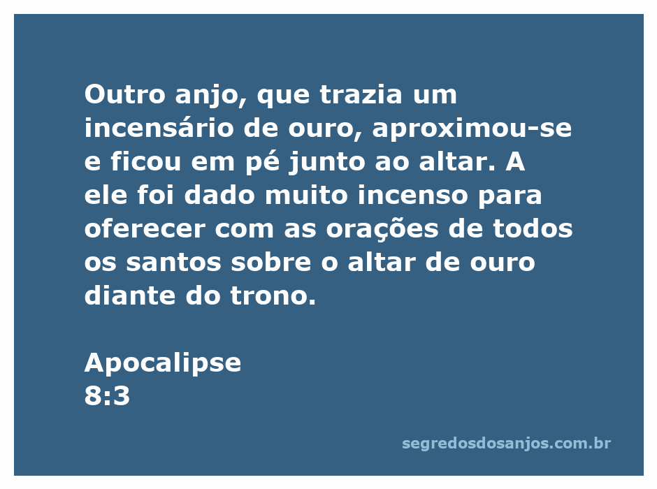Anjo com incensário de ouro oferecendo incenso sobre o altar de ouro, simbolizando as orações dos santos.