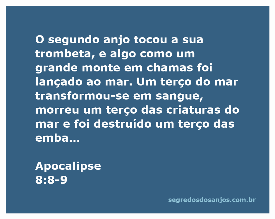 Ilustração do segundo anjo tocando a trombeta, com um grande monte em chamas sendo lançado ao mar e o mar se transformando em sangue.