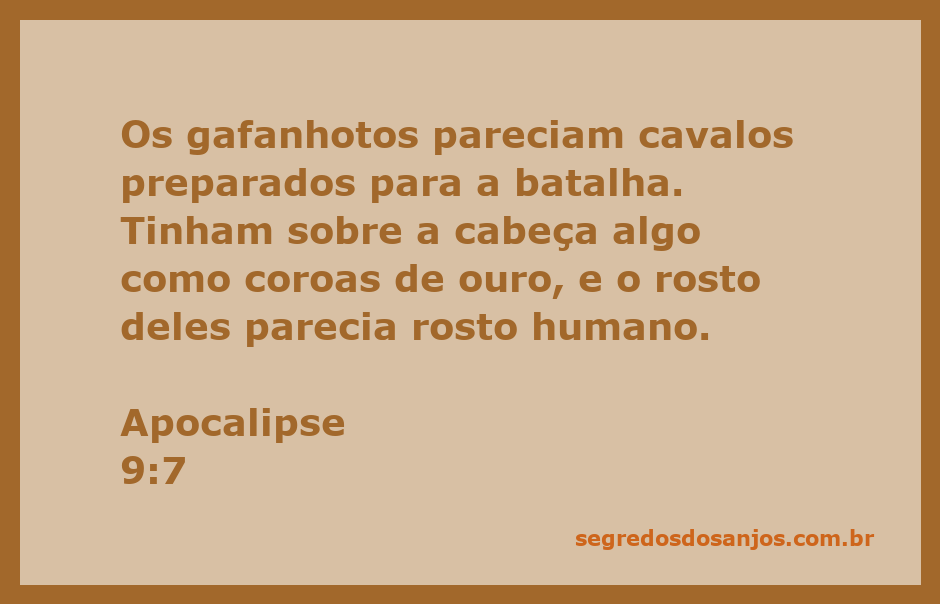 Ilustração de gafanhotos com características de cavalos, usando coroas de ouro e rostos humanos, representando a visão de Apocalipse 9:7.