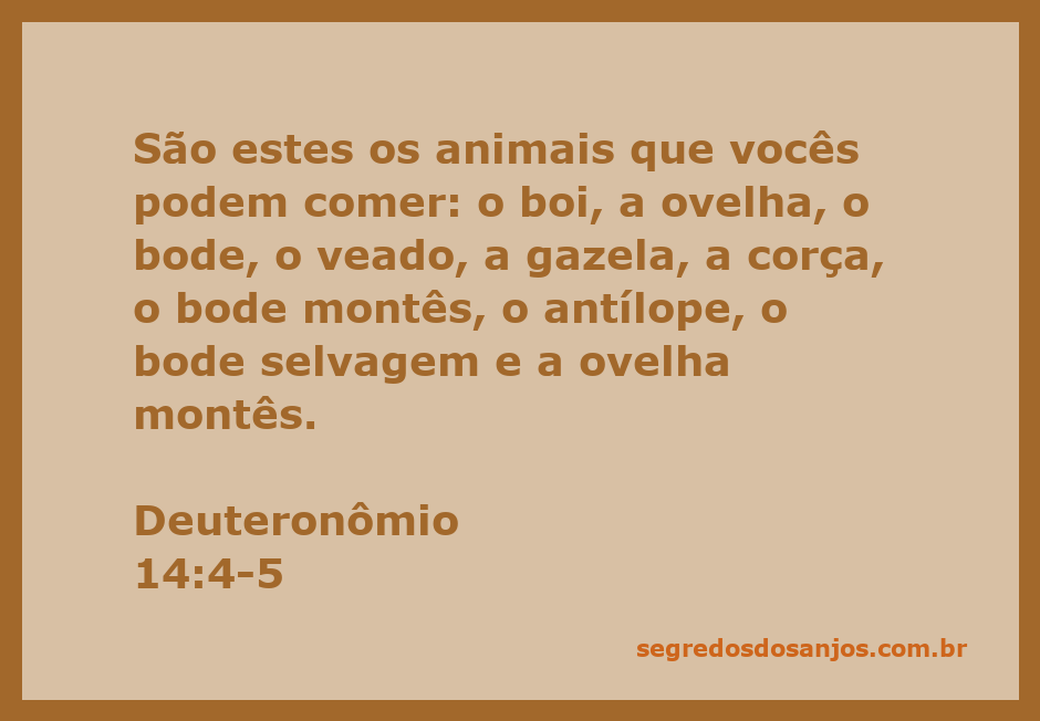 Animais permitidos para consumo segundo Deuteronômio 14:4-5, incluindo boi, ovelha, veado e outros.