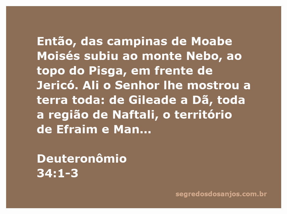Moisés contemplando a terra prometida do topo do monte Nebo, com vista para Jericó e as regiões de Gileade, Dã, Naftali, Efraim, Manassés e Judá.