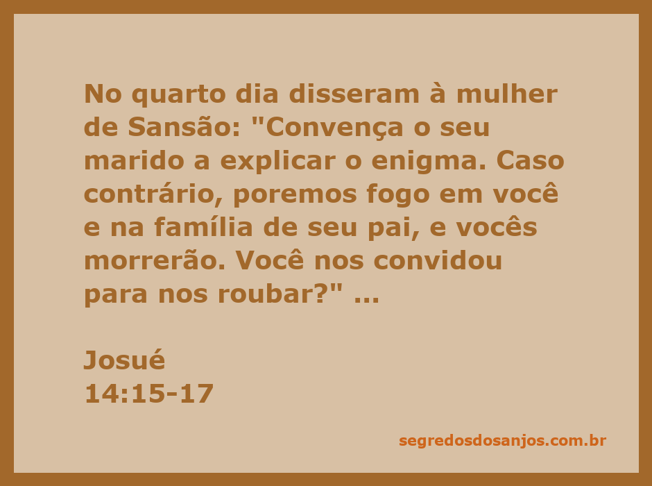 Ilustração da mulher de Sansão implorando por uma resposta ao enigma durante a festa.