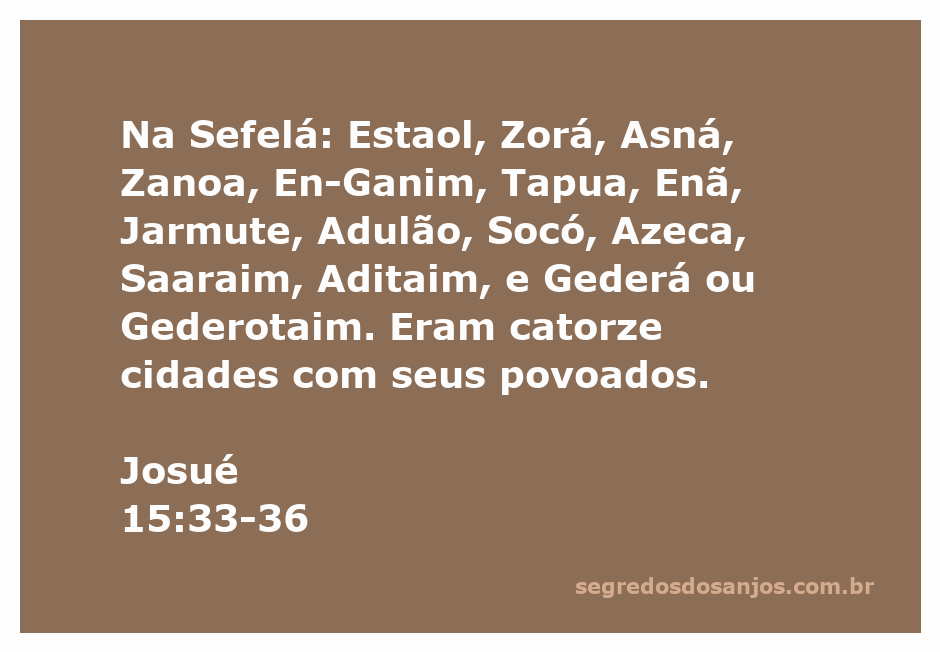 Mapa das cidades mencionadas em Josué 15:33-36 na região da Sefelá, incluindo Estaol, Zorá, Asná, e outras.
