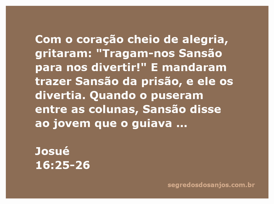 Sansão em pé entre as colunas do templo, pedindo para se apoiar nelas, enquanto é guiado por um jovem.