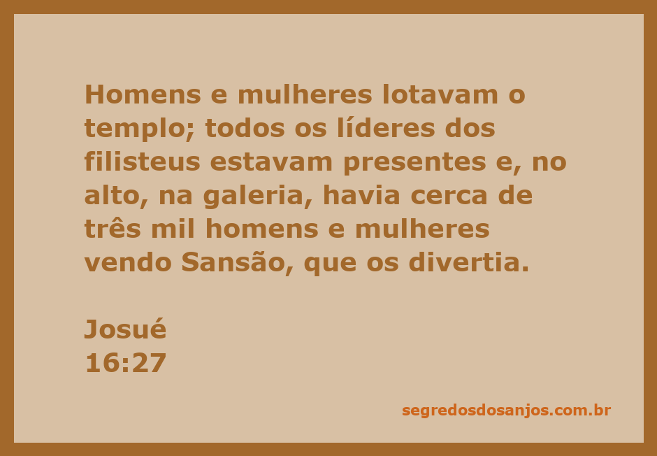 Sansão divertindo os líderes filisteus no templo, com uma multidão assistindo.