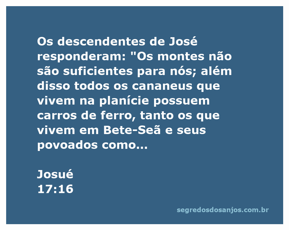 Ilustração da passagem de Josué 17:16, mostrando os descendentes de José e os cananeus com carros de ferro nos montes e na planície.