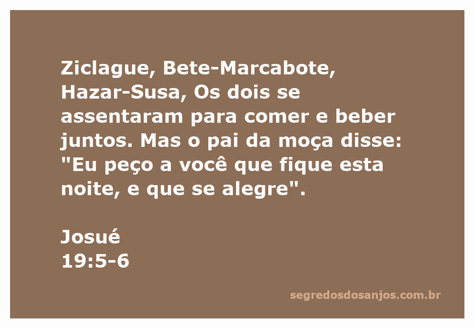 Ilustração da passagem de Josué 19:5-6, mostrando Ziclague e Bete-Marcabote, com dois homens compartilhando uma refeição.