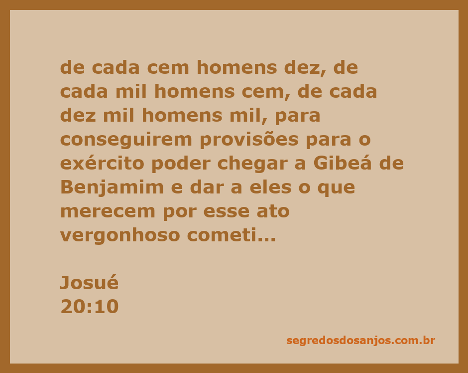 Grupos de soldados israelitas se organizando para levar provisões a Gibeá de Benjamim, em referência ao versículo de Josué 20:10.
