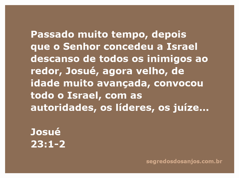Josué convocando os líderes de Israel em sua velhice, refletindo sobre a paz concedida por Deus.