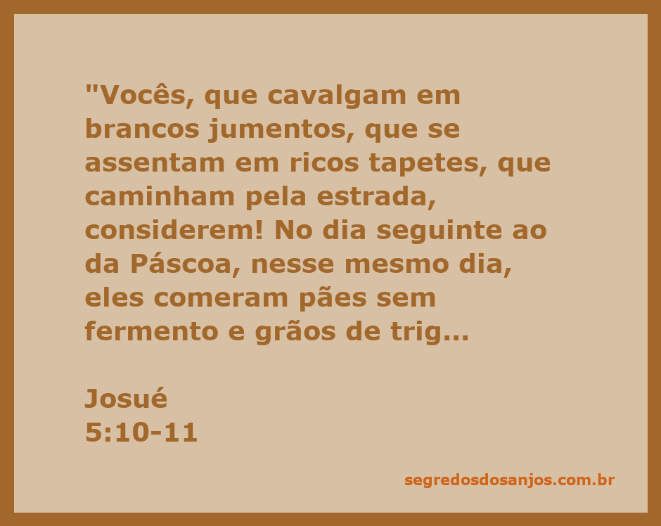 Ilustração da passagem de Josué 5:10-11, mostrando pessoas em jumentos brancos e comendo pães sem fermento e grãos tostados.