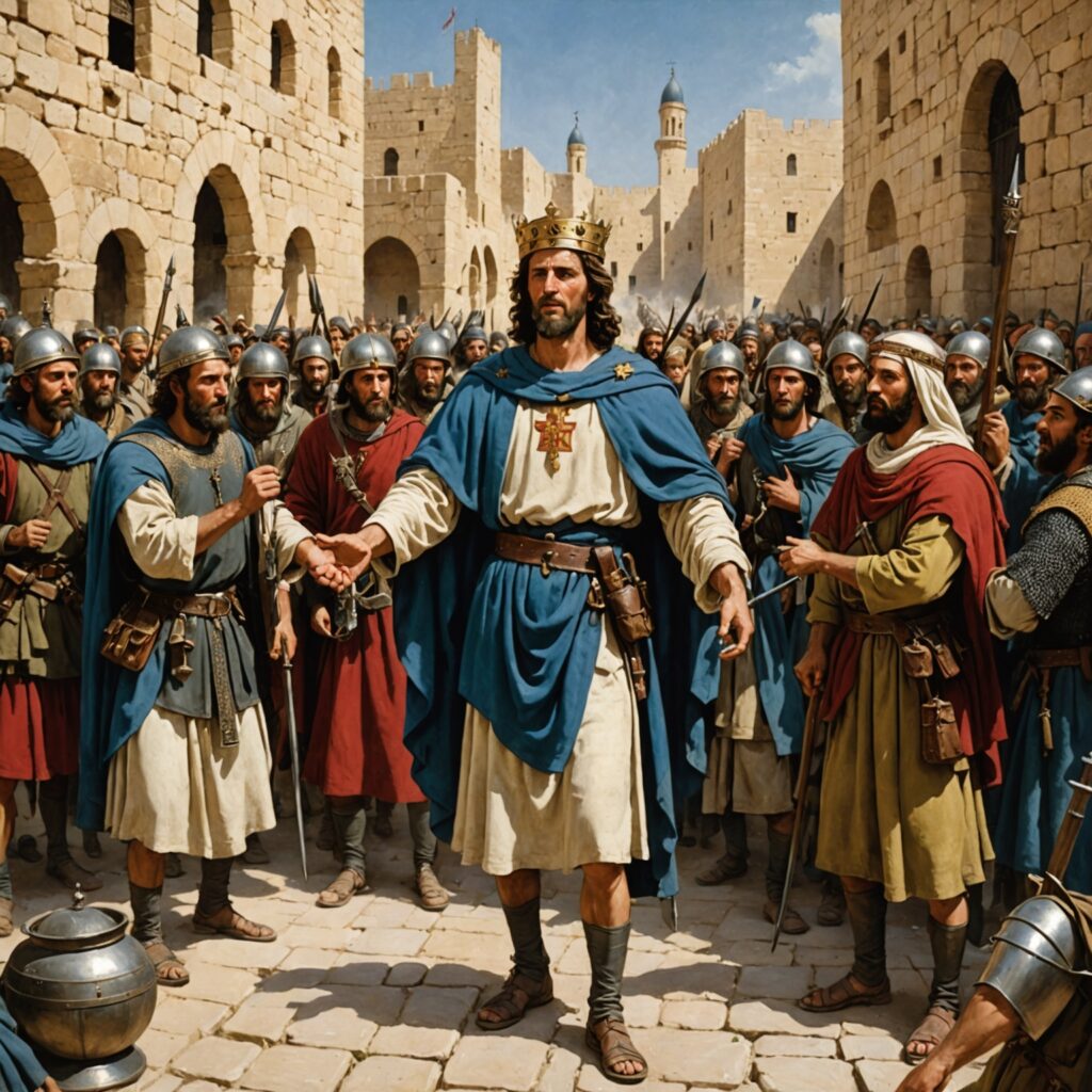 Imagem representando a unção de Davi como rei sobre Israel e suas conquistas militares, destacando a cidade de Jerusalém e os guerreiros poderosos.