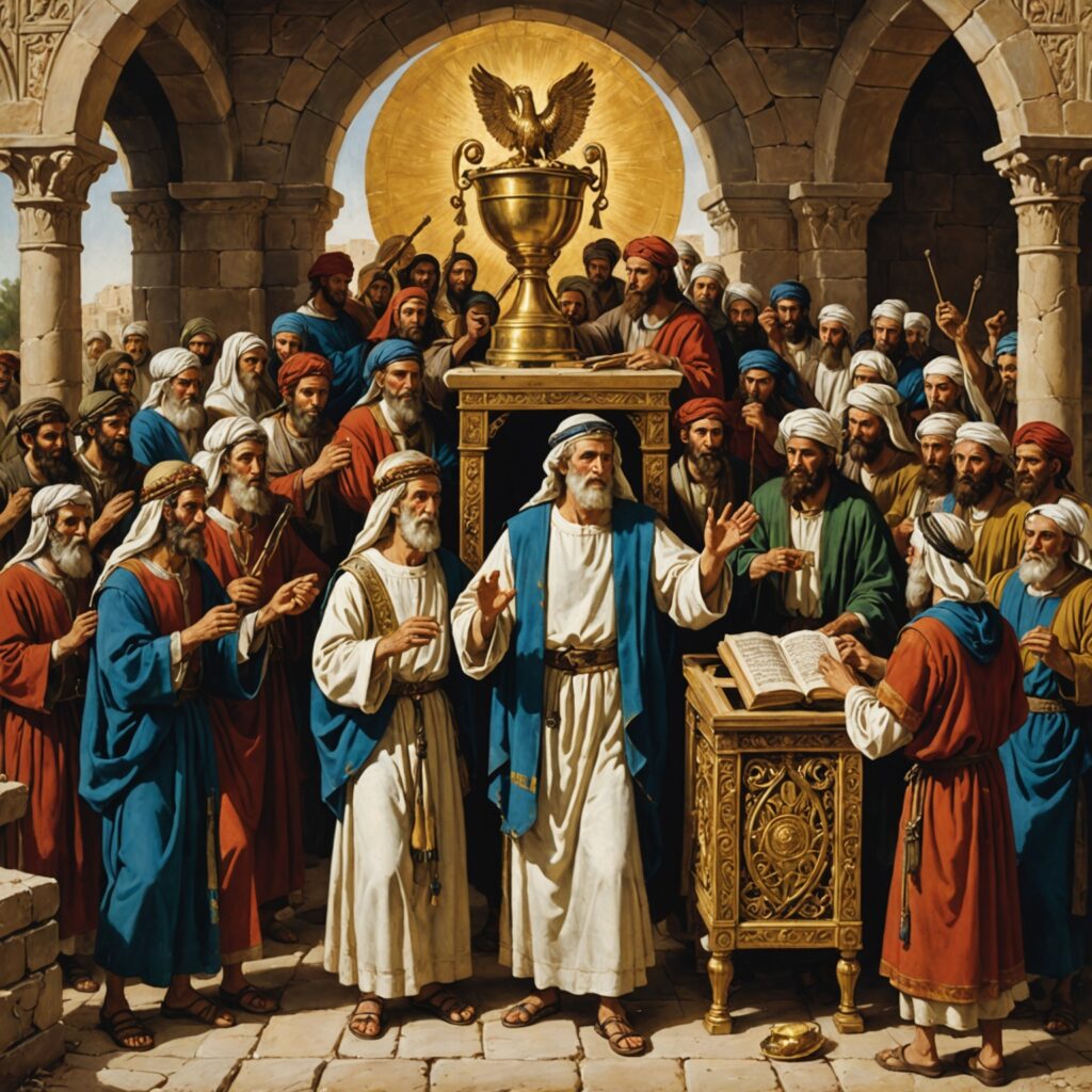 Levitas carregando a arca da aliança com músicos tocando instrumentos alegres em celebração