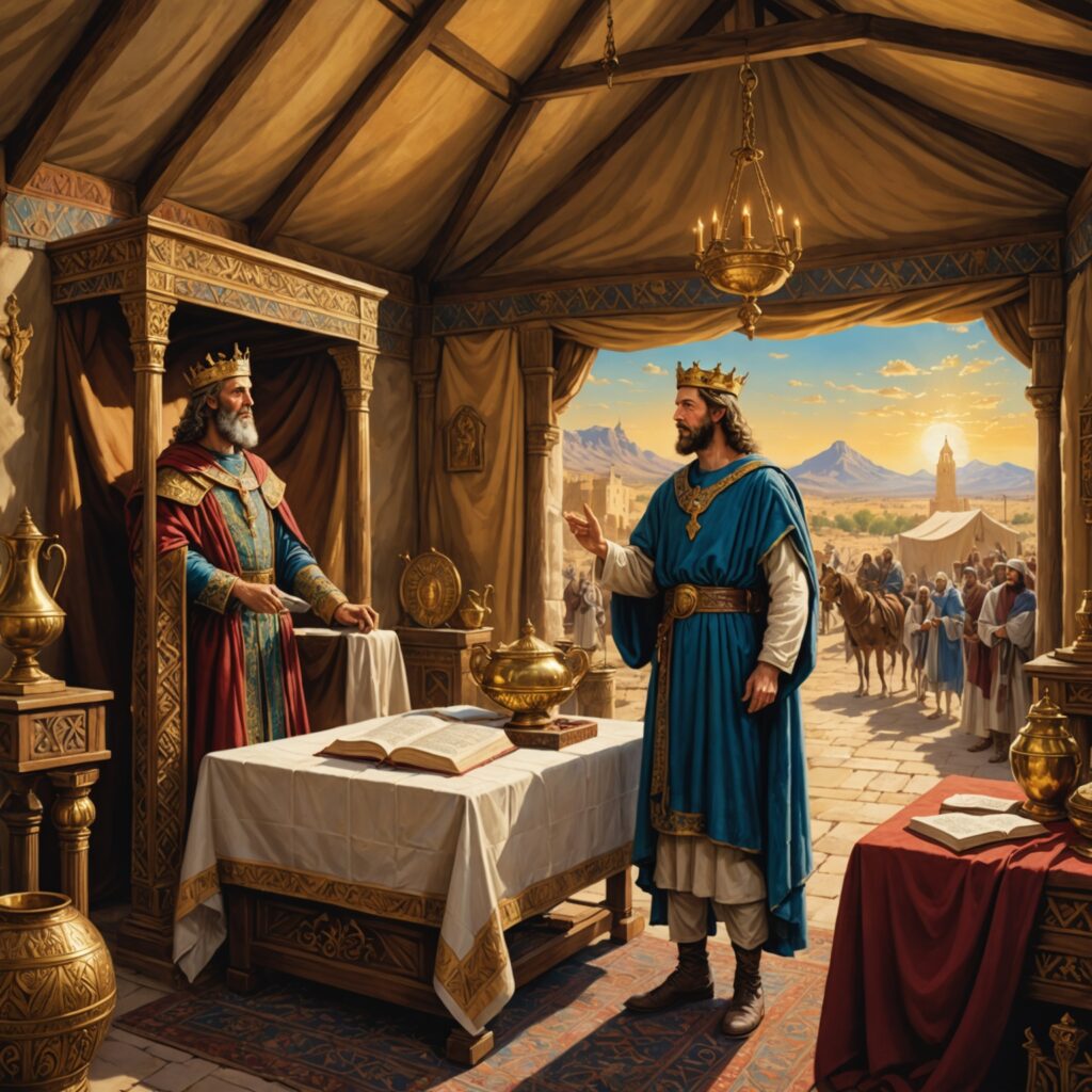 Ilustração de Davi e Natã com a arca da aliança ao fundo