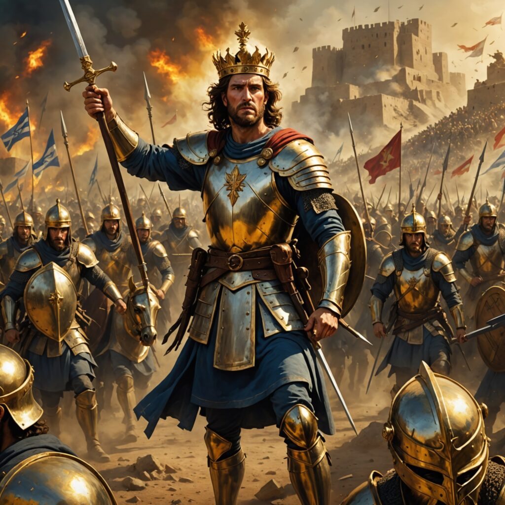 Davi liderando seu exército em batalha contra os amonitas e filisteus