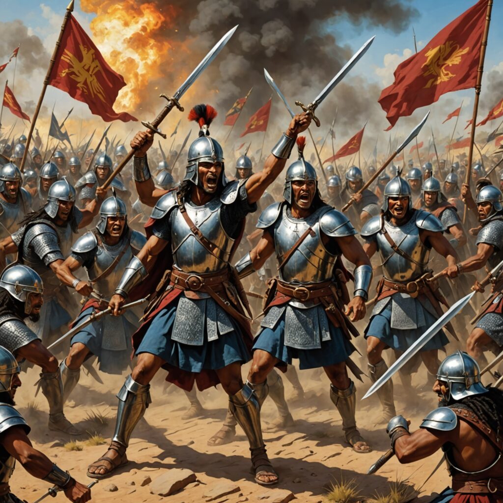 Ilustração da descendência das tribos de Rúben, Gad e Manassés em batalha