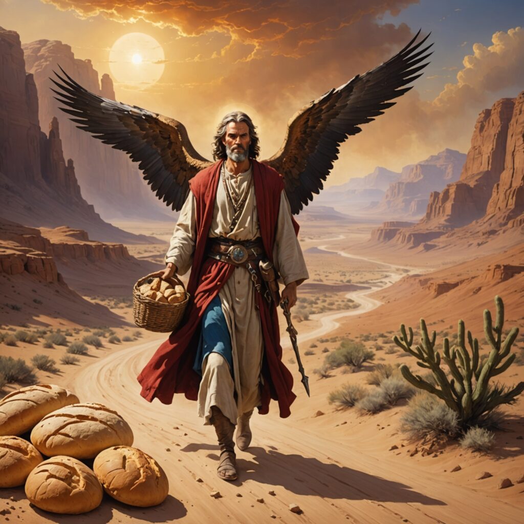 Imagem de Elias sendo fortalecido por um anjo no deserto rumo ao monte de Horebe