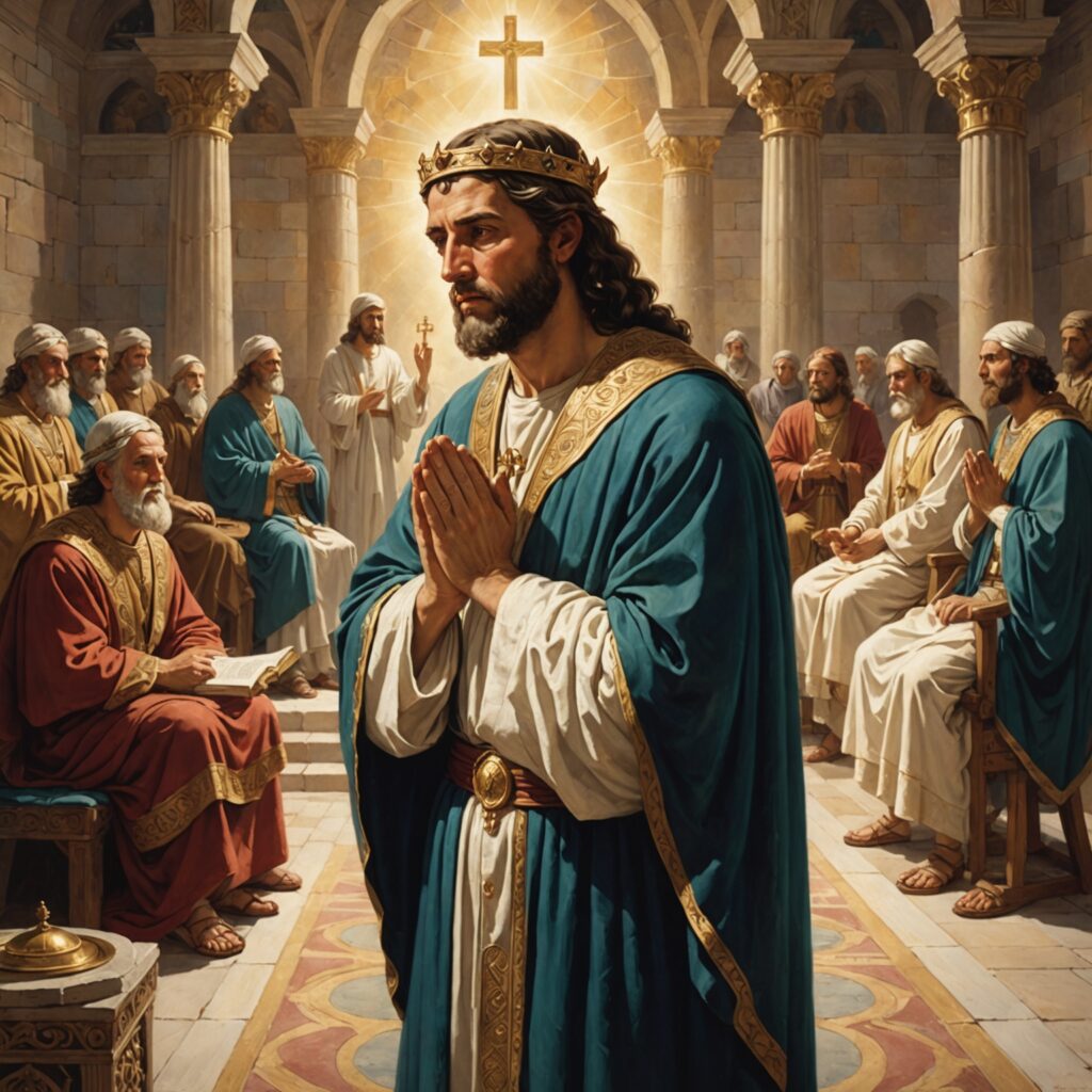 Ilustração de Salomão em oração pedindo sabedoria divina