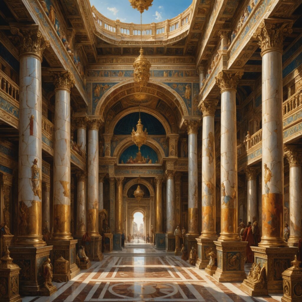 Imagem representando o palácio de Salomão e o mobiliário do templo descritos no capítulo.