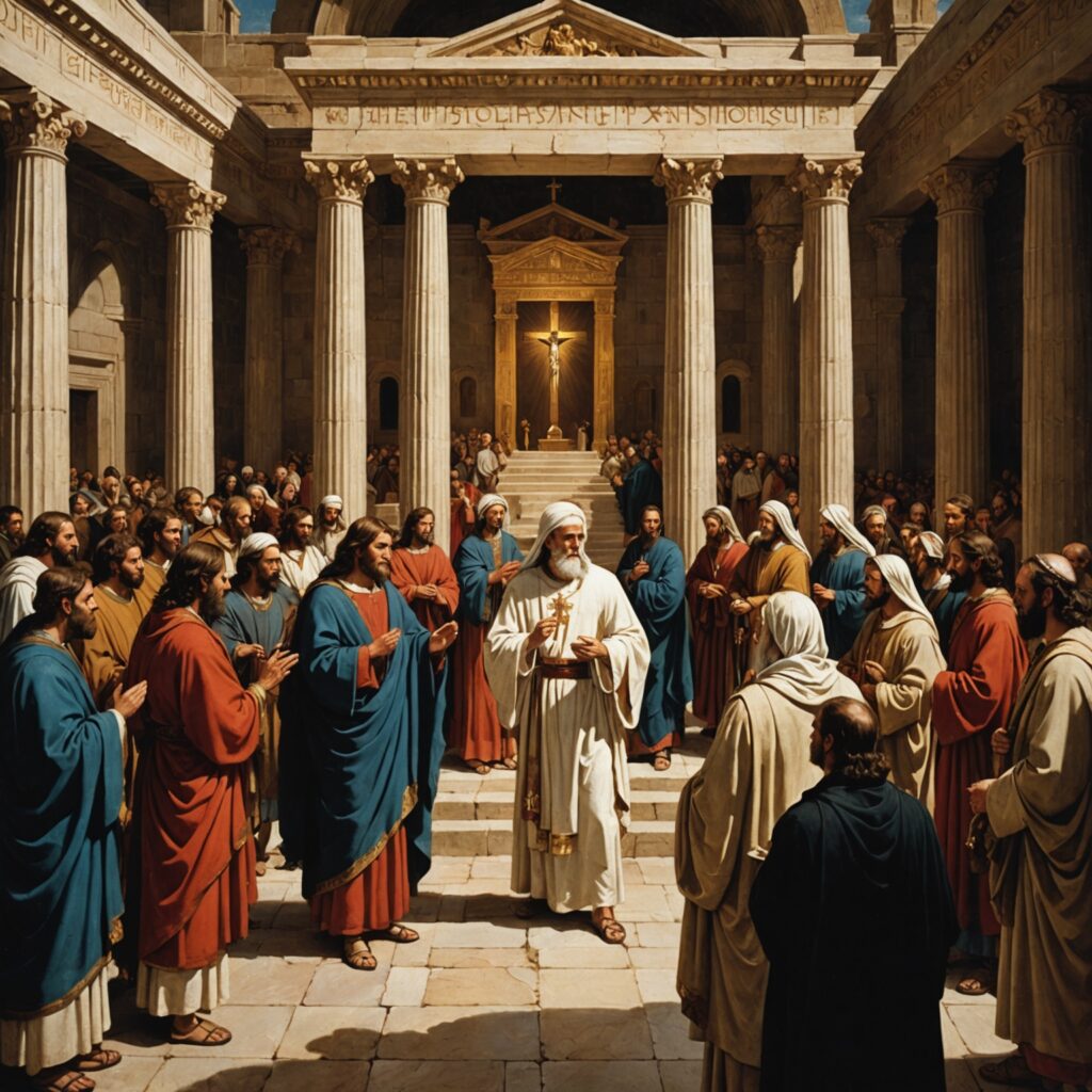 Imagem representativa da transferência da arca para o templo e a oração de Salomão.