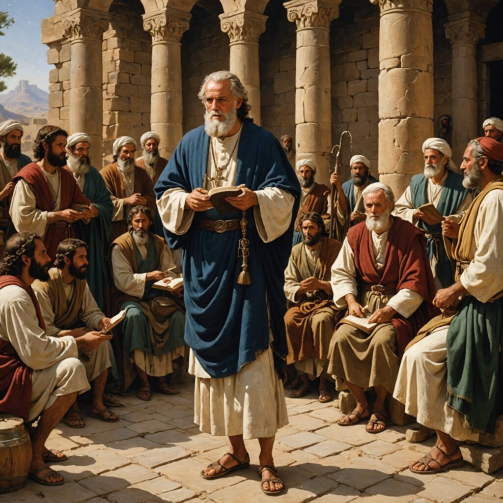 Imagem de um homem sábio falando para um grupo de pessoas, transmitindo ensinamentos e orientações.