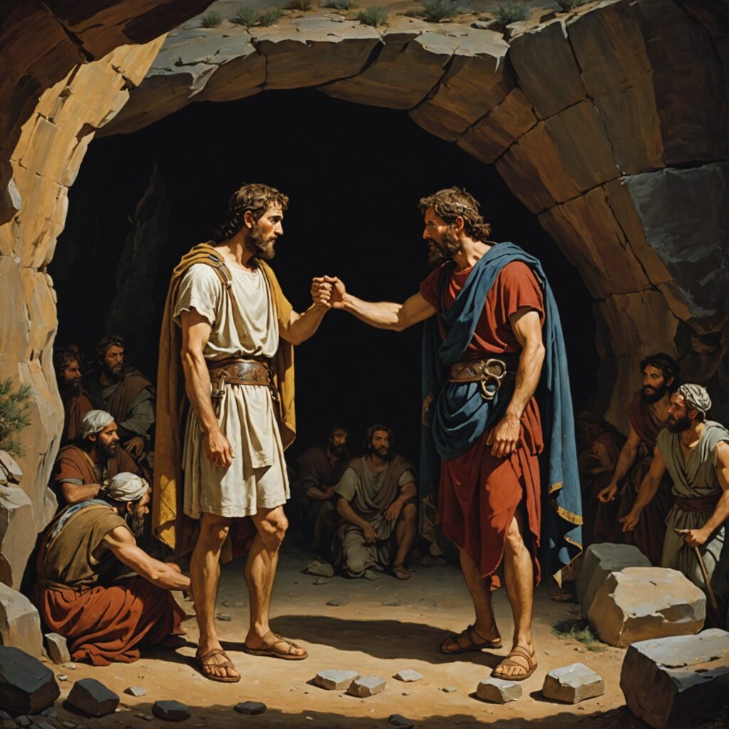 Imagem representando Davi poupando a vida de Saul na caverna