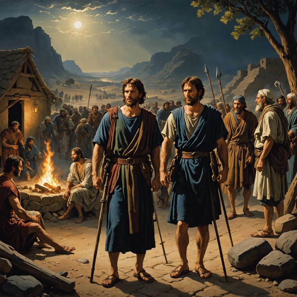 Imagem representando Davi poupando a vida de Saul no acampamento à noite