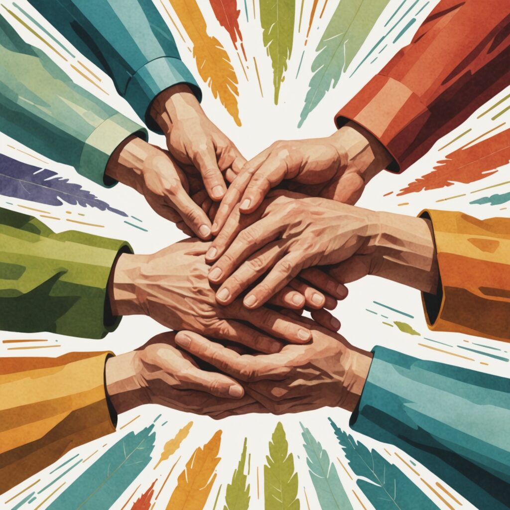 Ilustração de mãos estendendo ajuda e compartilhando bens em um gesto de generosidade e amor