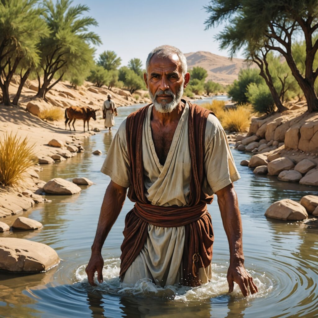 Naamã sendo curado da lepra no rio Jordão
