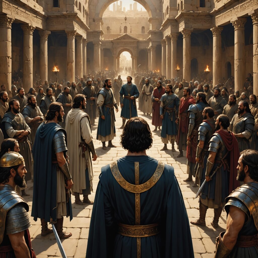 Imagem representativa do capítulo bíblico sobre Davi e Ziba, Simei e a corte real.