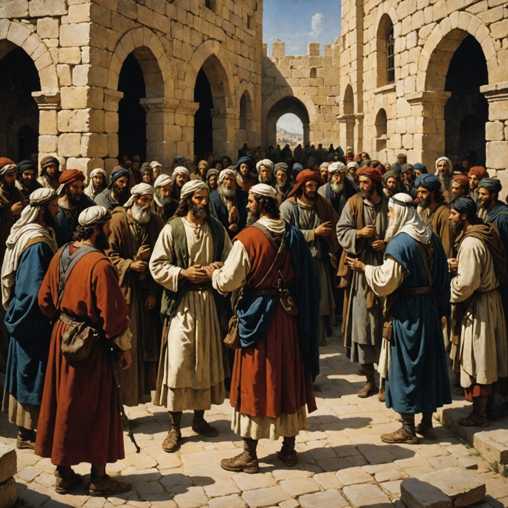 Reconciliação e retorno de Davi a Jerusalém - Imagem representativa da chegada de Davi ao Jordão, cercado por seguidores leais e recebendo a bênção de Barzilai.