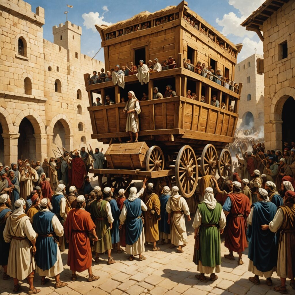 Imagem representativa da chegada da arca de Deus em Jerusalém, com Davi liderando a celebração e os israelitas adorando com instrumentos musicais.