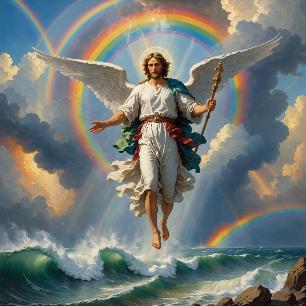 Anjo poderoso segurando um livrinho aberto sobre o mar e a terra