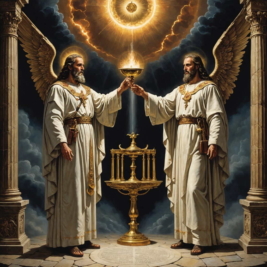 Imagem representativa das duas testemunhas e a sétima trombeta do Apocalipse