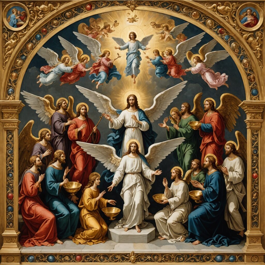 Anjos com taças douradas diante do santuário celestial