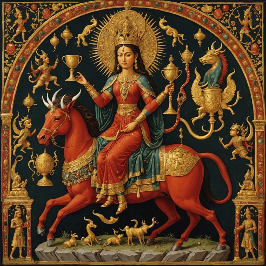 Mulher montada em besta vermelha com inscrições enigmáticas e cálice de ouro