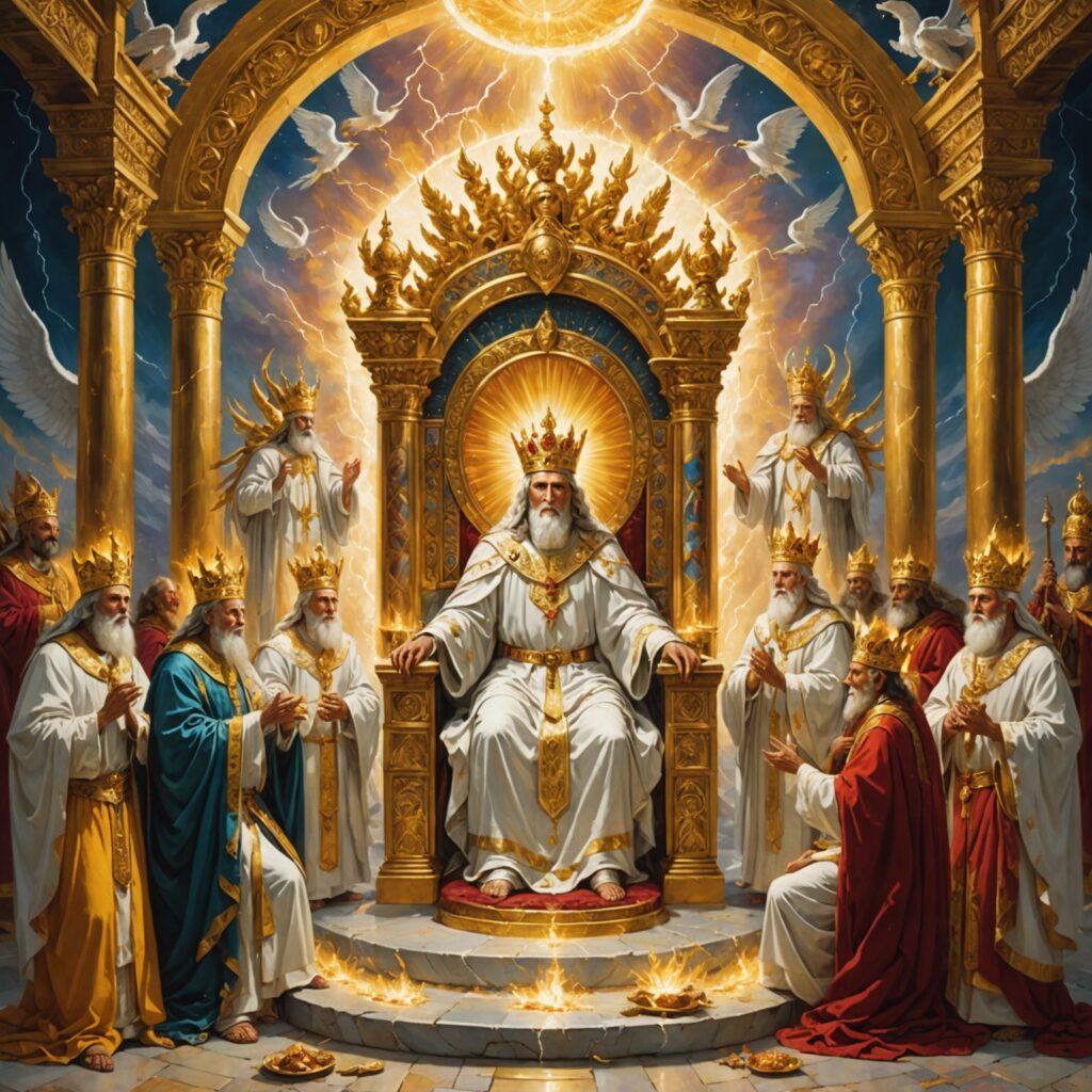 Visão do trono celestial com anciãos e seres viventes adorando