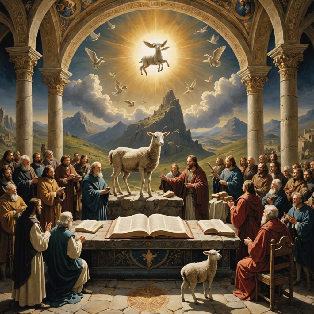 Imagem do Cordeiro recebendo o livro selado