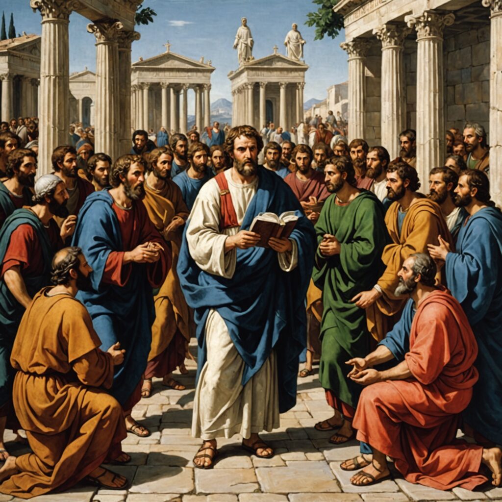 Paulo pregando em Tessalónica, Bereia e Atenas