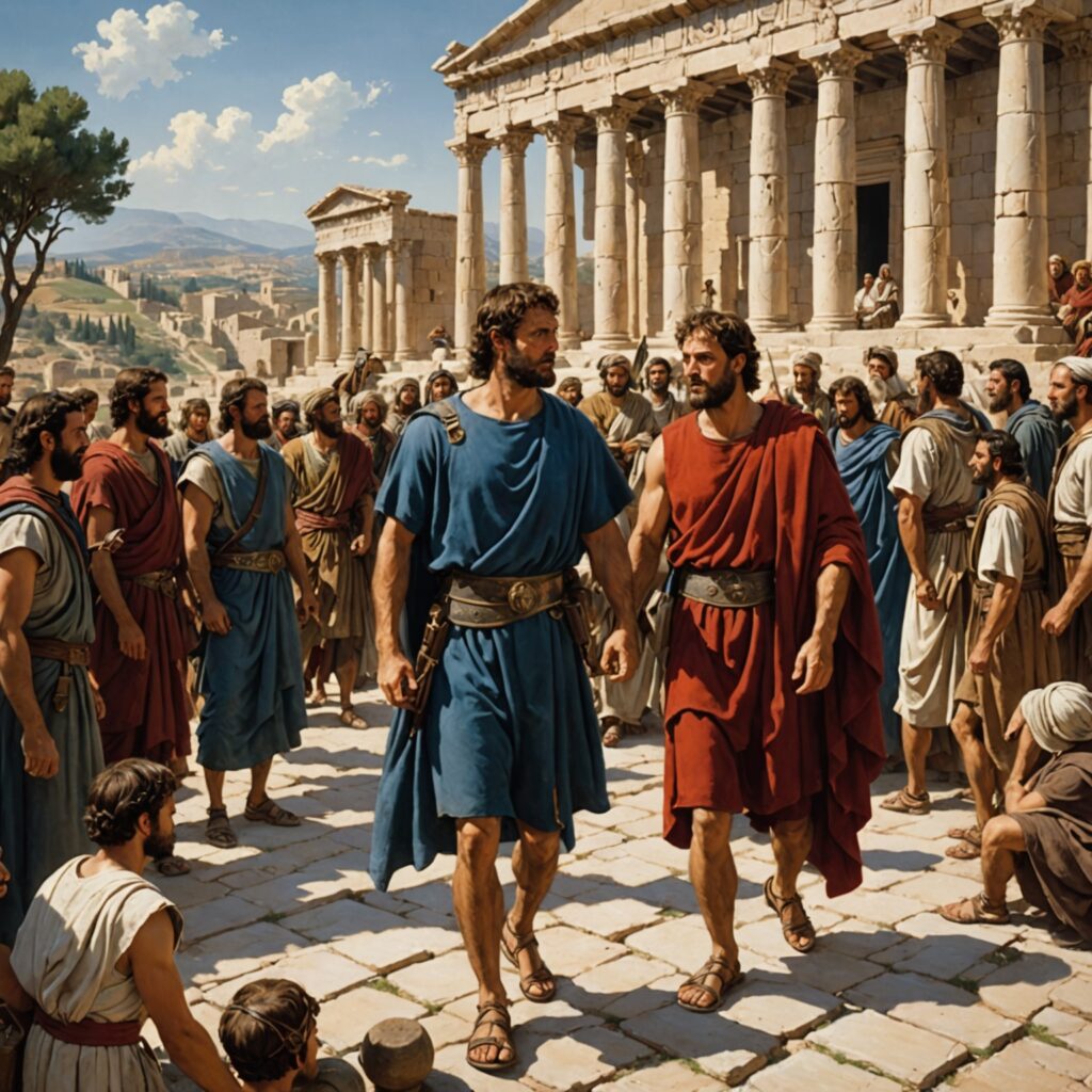 Paulo em Corinto e Éfeso - Ilustração da jornada de fé e ensinamentos de Paulo nos locais mencionados no livro de Atos dos Apóstolos.