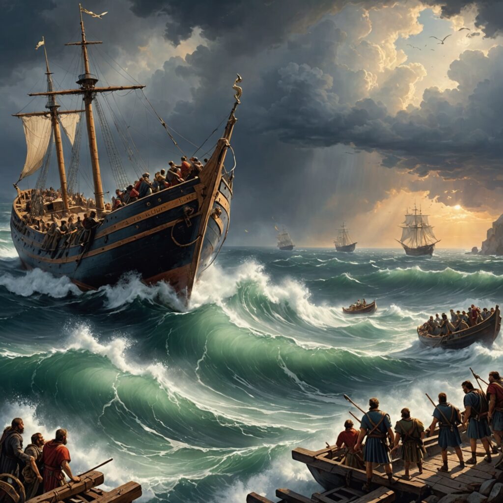 Imagem retratando Paulo em meio à tempestade e ao naufrágio, transmitindo calma e esperança aos tripulantes.